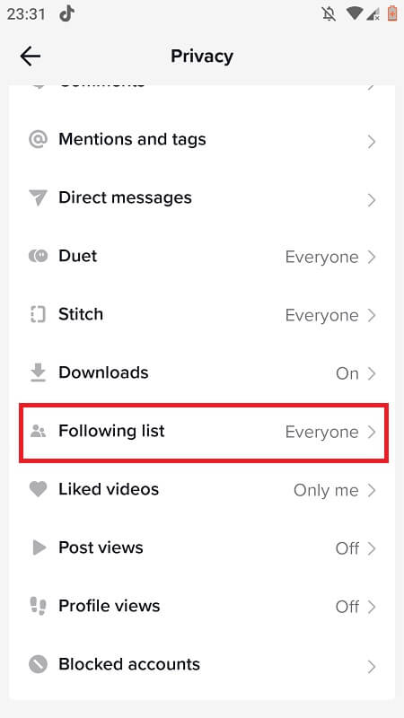 Tap on following list