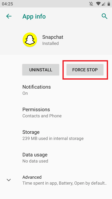 Force stop the snapchat app
