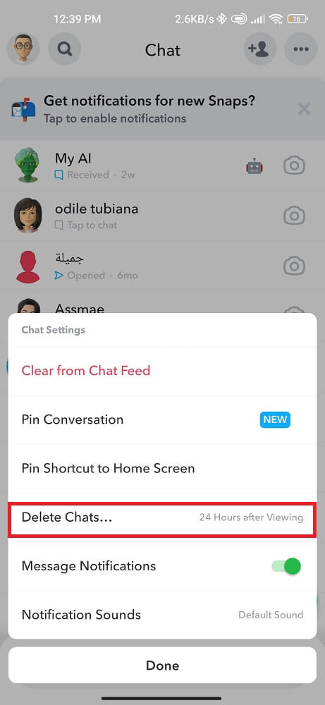 Delete snapchat message ater 24 hours