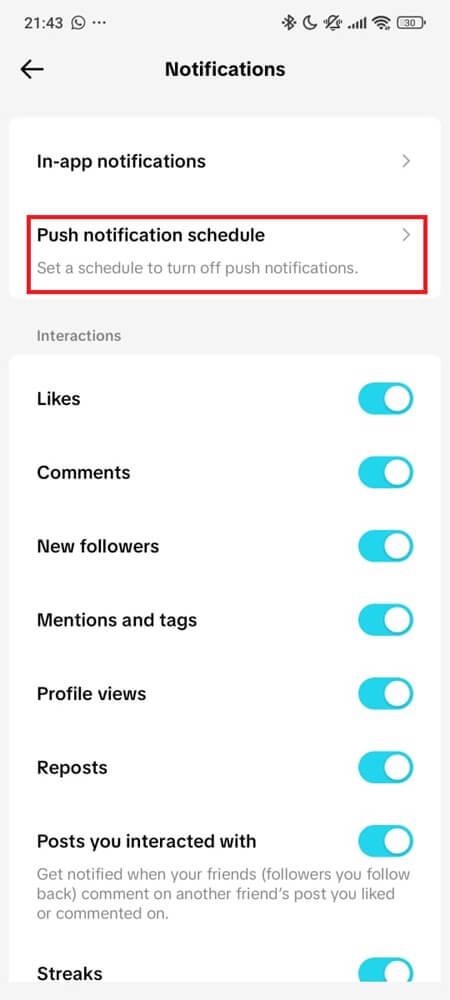 Screen of Push notification schedule under notifiations - step 2