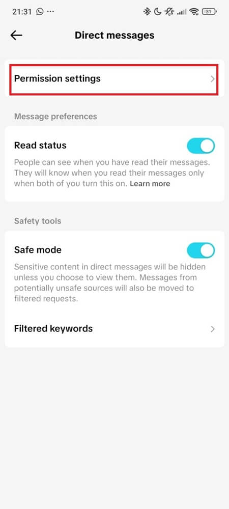 Permission settings showing under direct messages - step 2