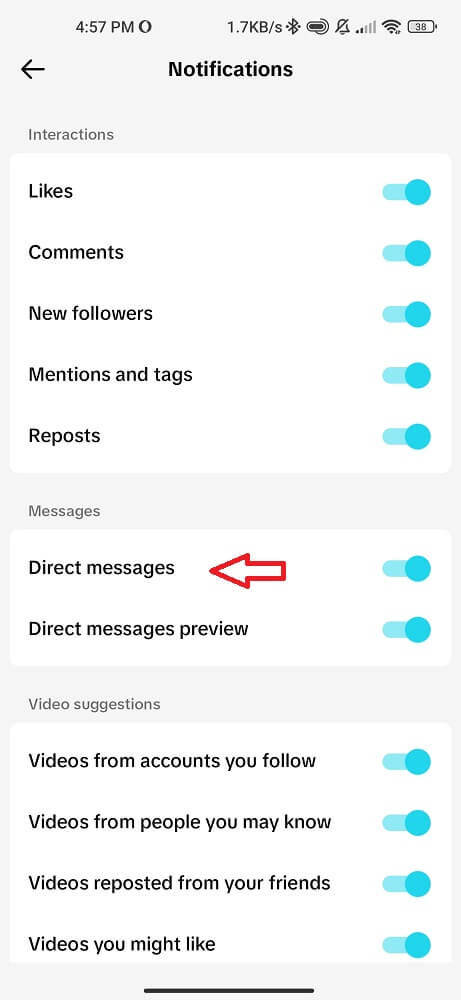 Turn on all TikTok notifications including direct messages