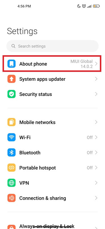 About phone under settings